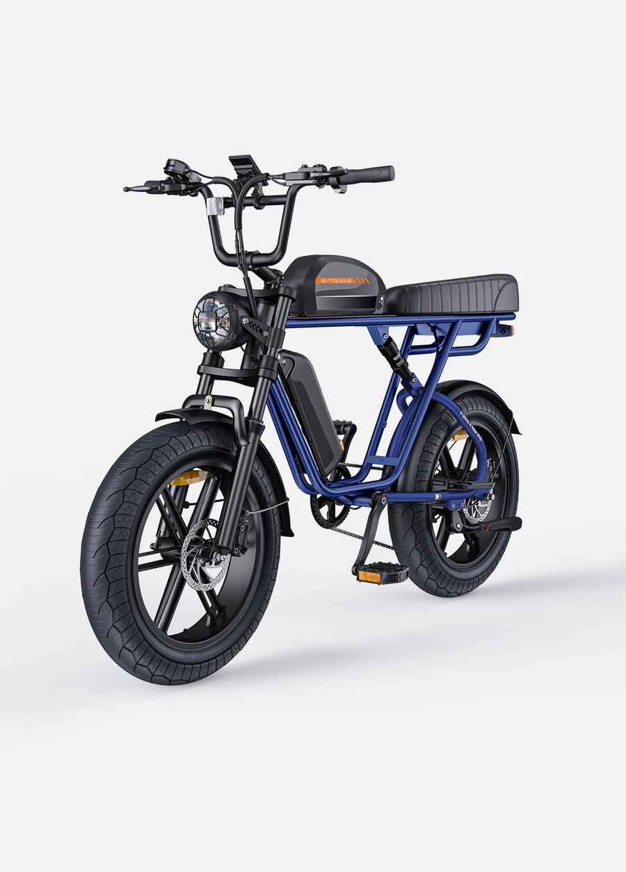 Elektrische fiets ENGWE M20, blauw, zijaanzicht schuin linksvoor, dubbele accu