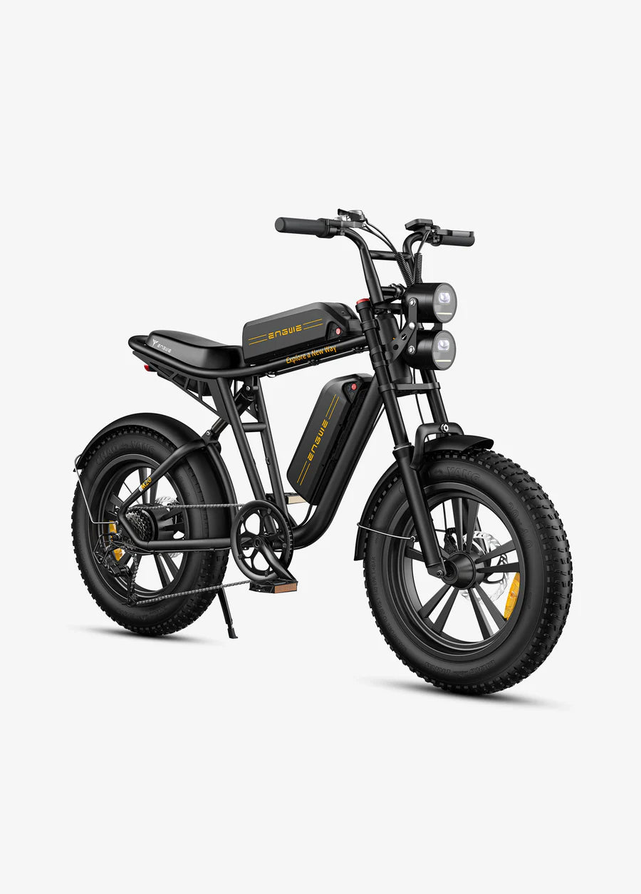Elektrische fiets ENGWE M20, zwart, zijaanzicht schuin rechtsvoor, dubbele accu